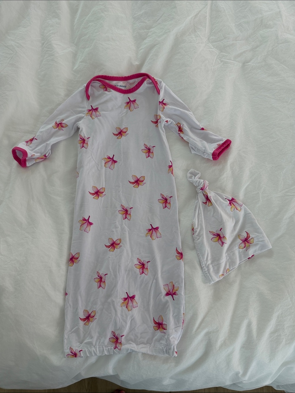 Coco moon Baby Girls White Floral Gown with Matching Knot Hat